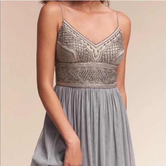 NWT BHLDN x Adrianna Papell Aida Beaded Chiffon Gown in Pewter - Picture 2 of 8